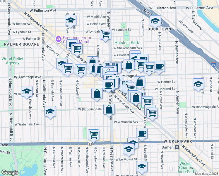 map of restaurants, bars, coffee shops, grocery stores, and more near in Chicago