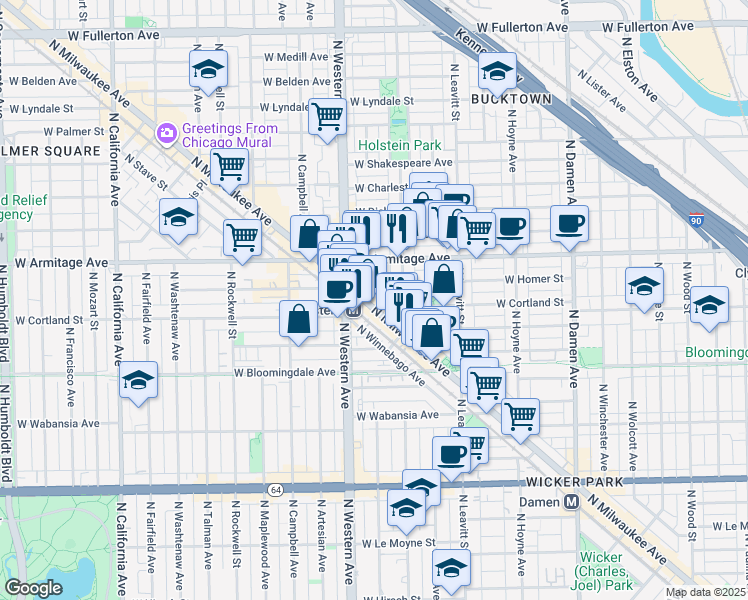 map of restaurants, bars, coffee shops, grocery stores, and more near 1887 North Milwaukee Avenue in Chicago