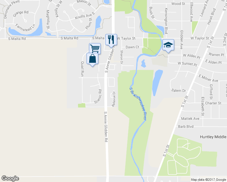 map of restaurants, bars, coffee shops, grocery stores, and more near 1203 Green Court in DeKalb