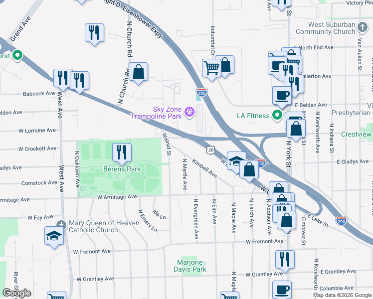 map of restaurants, bars, coffee shops, grocery stores, and more near 315 Kimbell Avenue in Elmhurst