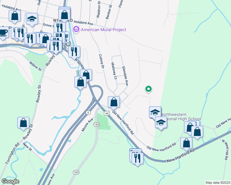 map of restaurants, bars, coffee shops, grocery stores, and more near 24 Maloney Court in Winsted