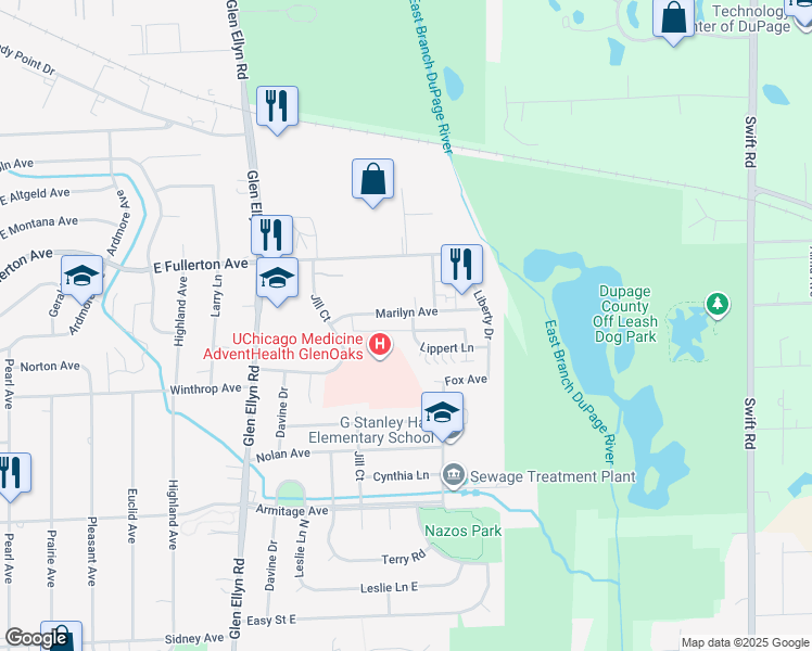map of restaurants, bars, coffee shops, grocery stores, and more near 1538 Lippert Lane in Glendale Heights