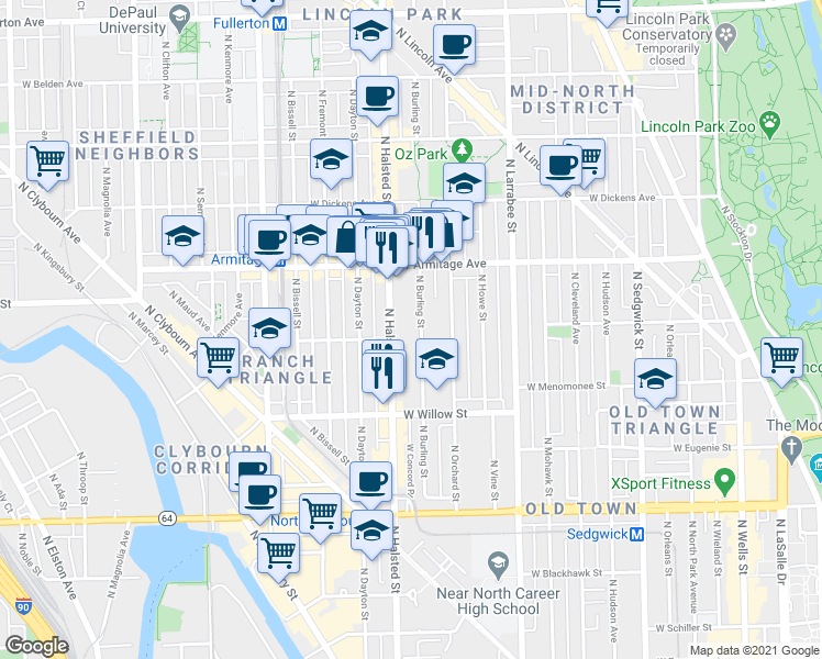 map of restaurants, bars, coffee shops, grocery stores, and more near 1906 North Burling Street in Chicago