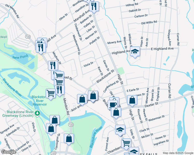 map of restaurants, bars, coffee shops, grocery stores, and more near 19 Blackstone Street in Cumberland