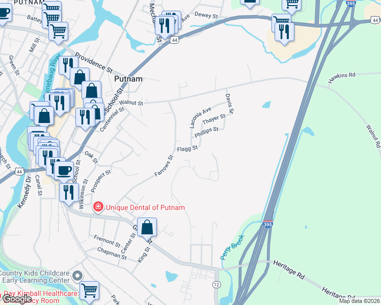 map of restaurants, bars, coffee shops, grocery stores, and more near 193 Perry Street in Putnam