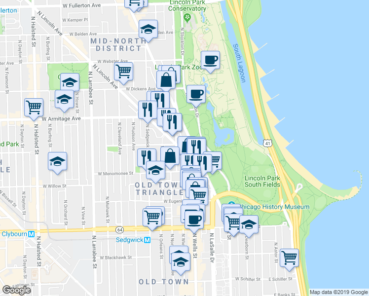 map of restaurants, bars, coffee shops, grocery stores, and more near 1848 North Lincoln Avenue in Chicago