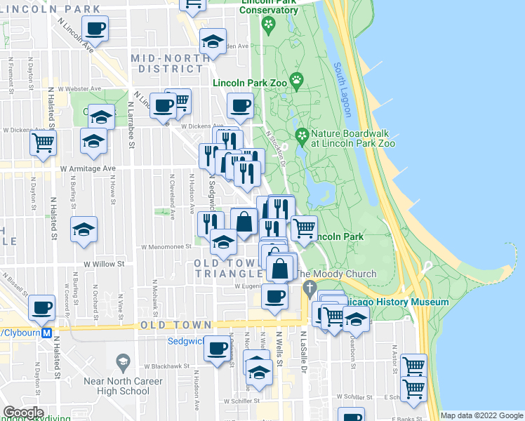 map of restaurants, bars, coffee shops, grocery stores, and more near 1848 North Lincoln Avenue in Chicago