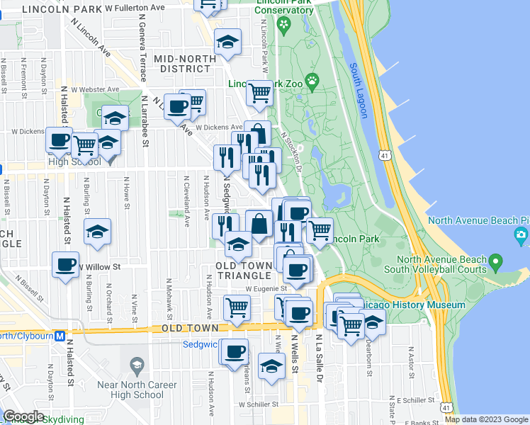map of restaurants, bars, coffee shops, grocery stores, and more near 1848 North Lincoln Avenue in Chicago
