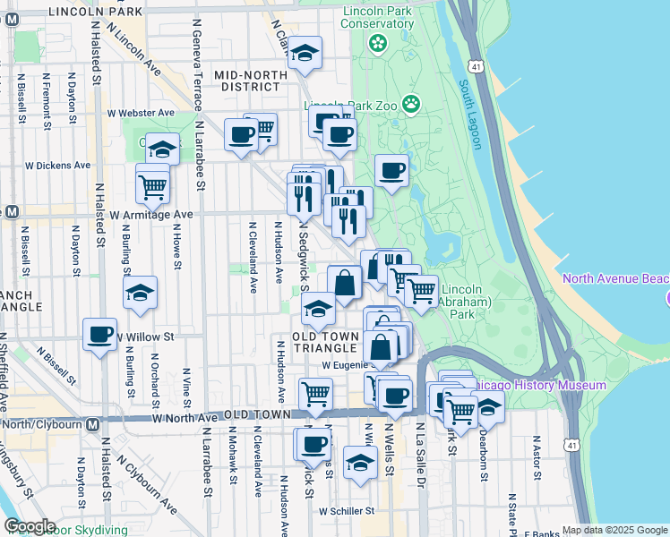map of restaurants, bars, coffee shops, grocery stores, and more near 1840 North Orleans Street in Chicago