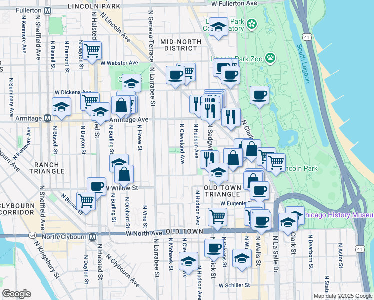 map of restaurants, bars, coffee shops, grocery stores, and more near 1844 North Hudson Avenue in Chicago