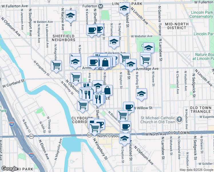 map of restaurants, bars, coffee shops, grocery stores, and more near 1876 North Bissell Street in Chicago
