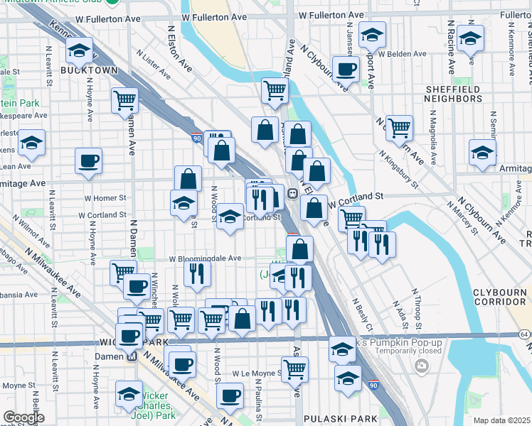 map of restaurants, bars, coffee shops, grocery stores, and more near 1627 West Cortland Street in Chicago