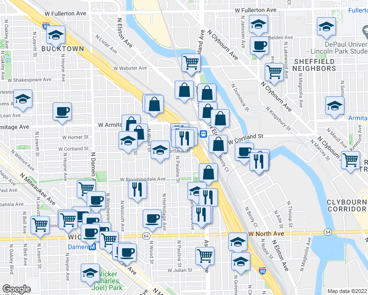 map of restaurants, bars, coffee shops, grocery stores, and more near 1627 West Cortland Street in Chicago
