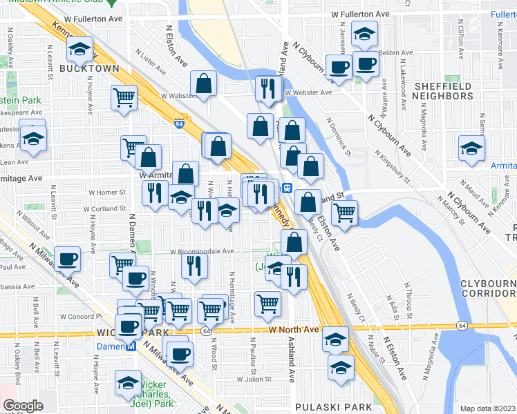 map of restaurants, bars, coffee shops, grocery stores, and more near 1858 North Paulina Street in Chicago