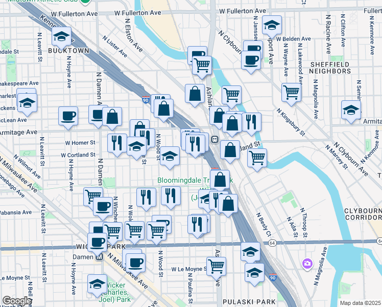 map of restaurants, bars, coffee shops, grocery stores, and more near 1858 North Paulina Street in Chicago