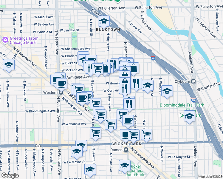 map of restaurants, bars, coffee shops, grocery stores, and more near 2047 West Cortland Street in Chicago