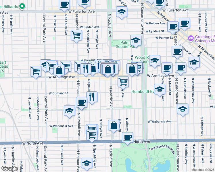 map of restaurants, bars, coffee shops, grocery stores, and more near 1915 North Sawyer Avenue in Chicago