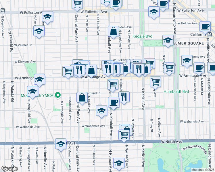 map of restaurants, bars, coffee shops, grocery stores, and more near 1916 North Kimball Avenue in Chicago