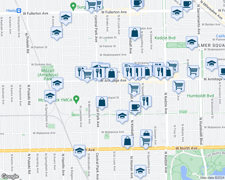 map of restaurants, bars, coffee shops, grocery stores, and more near 1916 North Saint Louis Avenue in Chicago