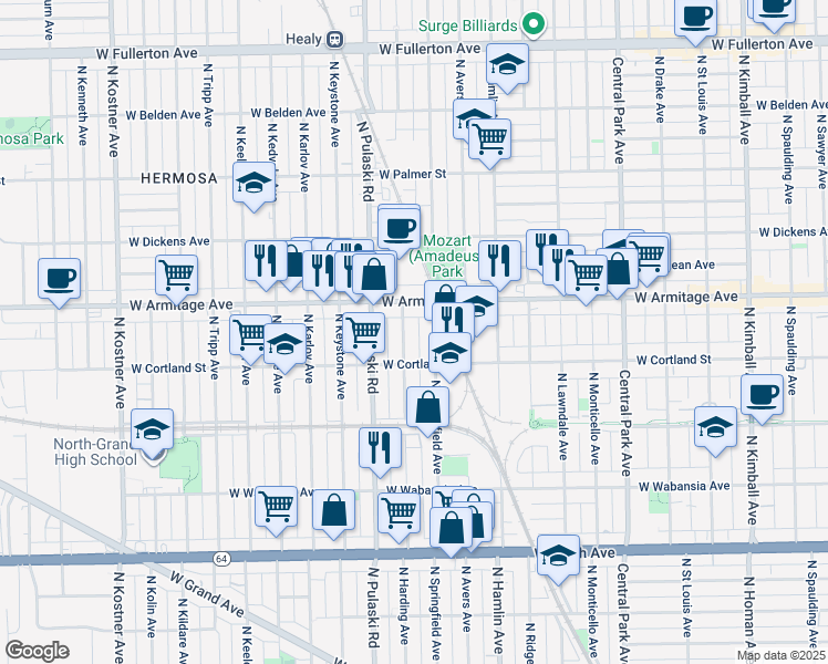 map of restaurants, bars, coffee shops, grocery stores, and more near 1920 North Springfield Avenue in Chicago