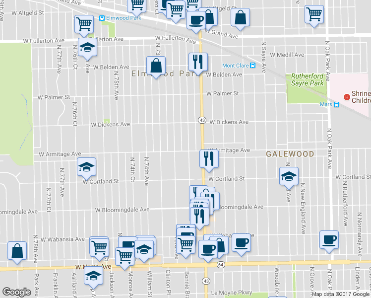 map of restaurants, bars, coffee shops, grocery stores, and more near 1947 North 72nd Court in Elmwood Park