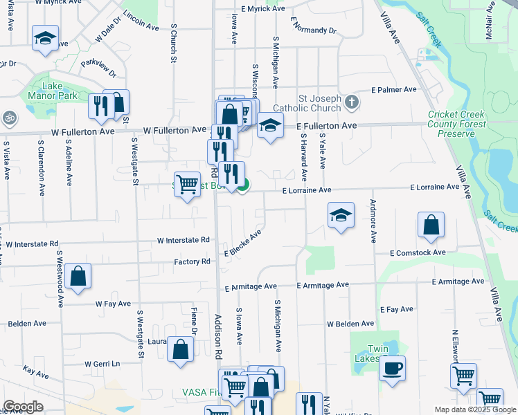 map of restaurants, bars, coffee shops, grocery stores, and more near 147 East Winthrop Avenue in Addison