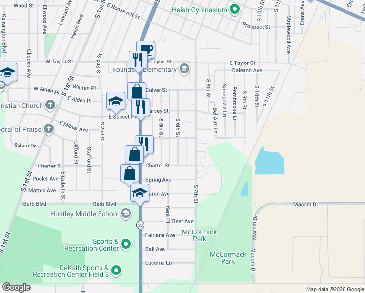 map of restaurants, bars, coffee shops, grocery stores, and more near 1129 South 6th Street in DeKalb