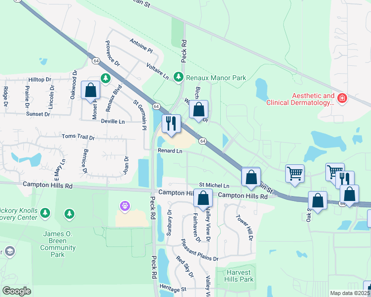 map of restaurants, bars, coffee shops, grocery stores, and more near 3331 Renard Lane in St. Charles