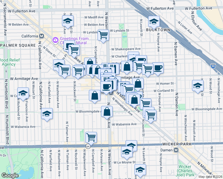 map of restaurants, bars, coffee shops, grocery stores, and more near 1920 North Milwaukee Avenue in Chicago