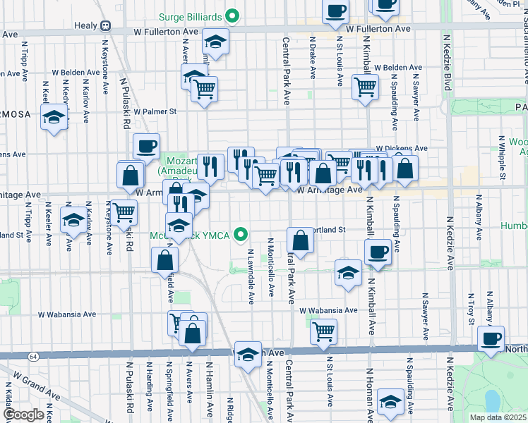 map of restaurants, bars, coffee shops, grocery stores, and more near 1914 North Monticello Avenue in Chicago