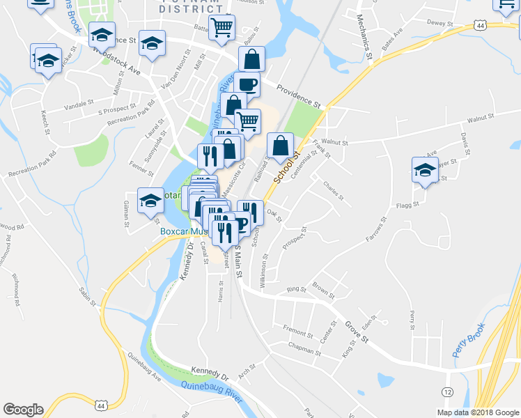 map of restaurants, bars, coffee shops, grocery stores, and more near School Street & Oak Street in Putnam