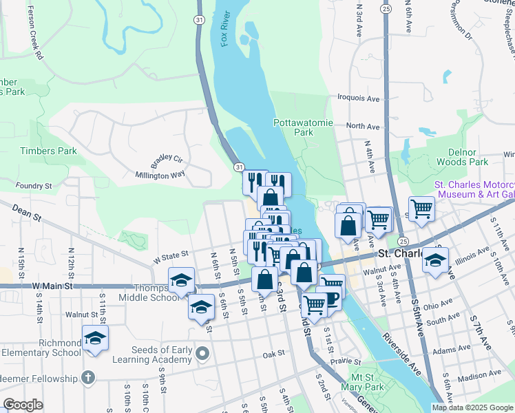 map of restaurants, bars, coffee shops, grocery stores, and more near 310 North 4th Street in St. Charles