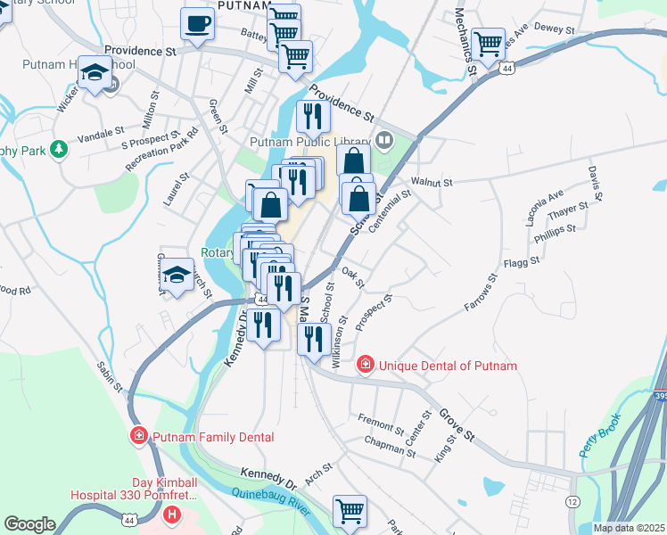 map of restaurants, bars, coffee shops, grocery stores, and more near 97 School Street in Putnam