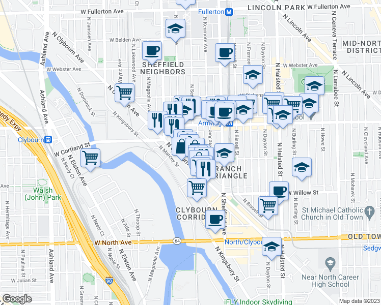 map of restaurants, bars, coffee shops, grocery stores, and more near 1900 North Kenmore Avenue in Chicago