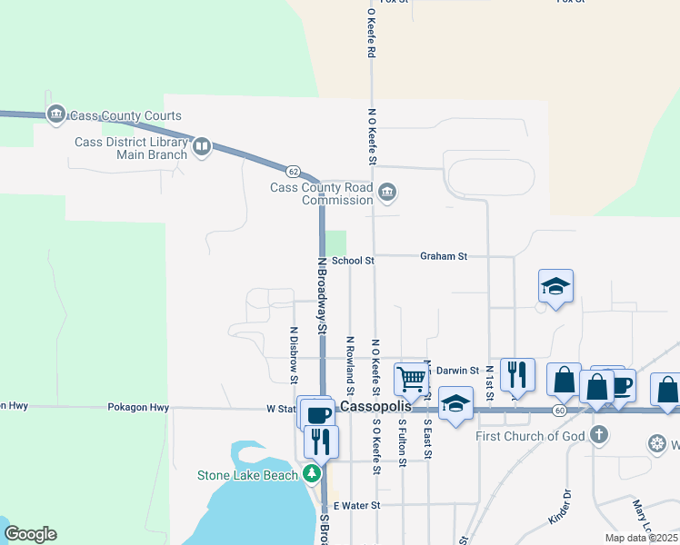 map of restaurants, bars, coffee shops, grocery stores, and more near 259 North Rowland Street in Cassopolis