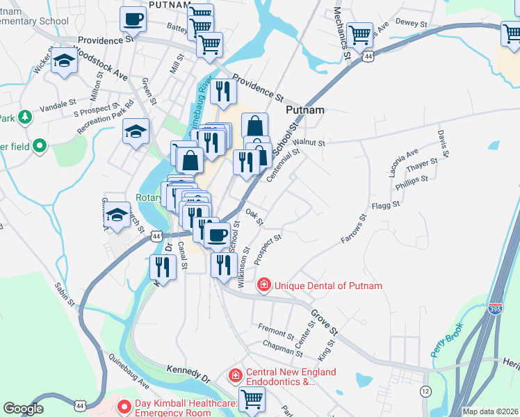map of restaurants, bars, coffee shops, grocery stores, and more near 94 Oak Street in Putnam