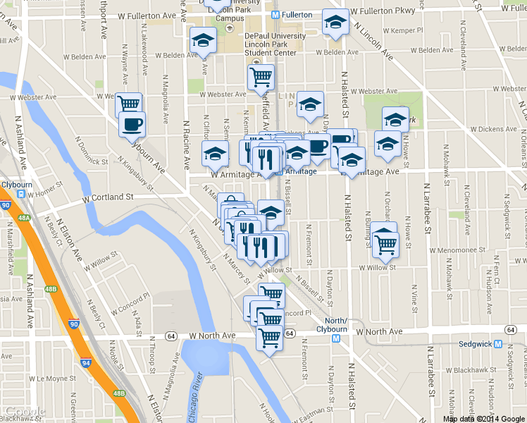 map of restaurants, bars, coffee shops, grocery stores, and more near 1867 North Poe Street in Chicago