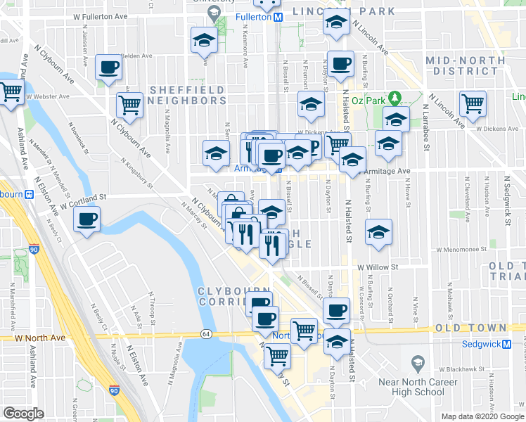 map of restaurants, bars, coffee shops, grocery stores, and more near 1867 North Poe Street in Chicago