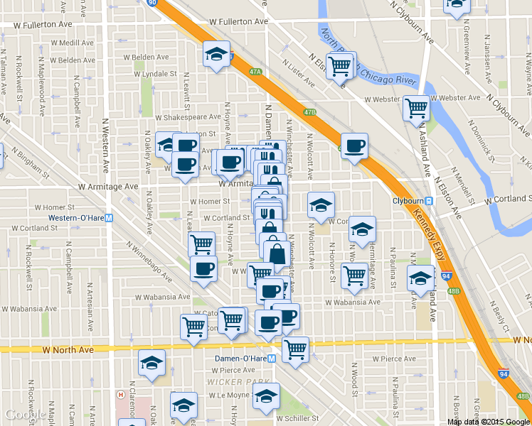 map of restaurants, bars, coffee shops, grocery stores, and more near 1876 North Damen Avenue in Chicago