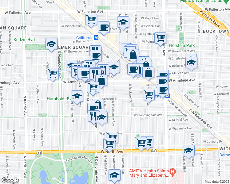 map of restaurants, bars, coffee shops, grocery stores, and more near 2658 West Cortland Street in Chicago