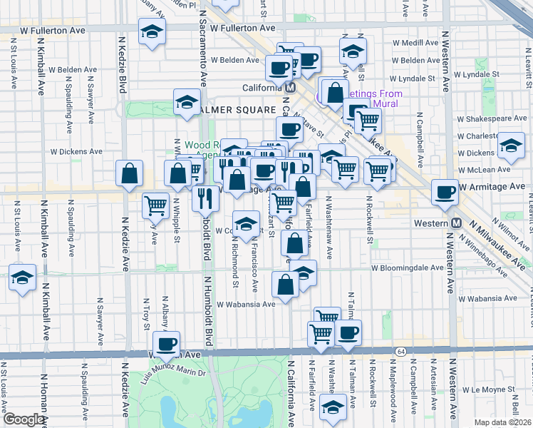 map of restaurants, bars, coffee shops, grocery stores, and more near 1909 North Francisco Avenue in Chicago