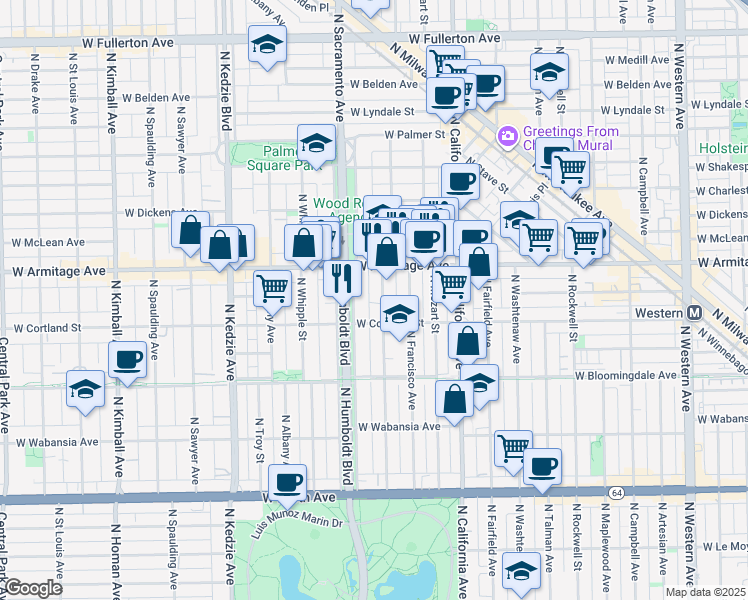 map of restaurants, bars, coffee shops, grocery stores, and more near 1912 North Richmond Street in Chicago
