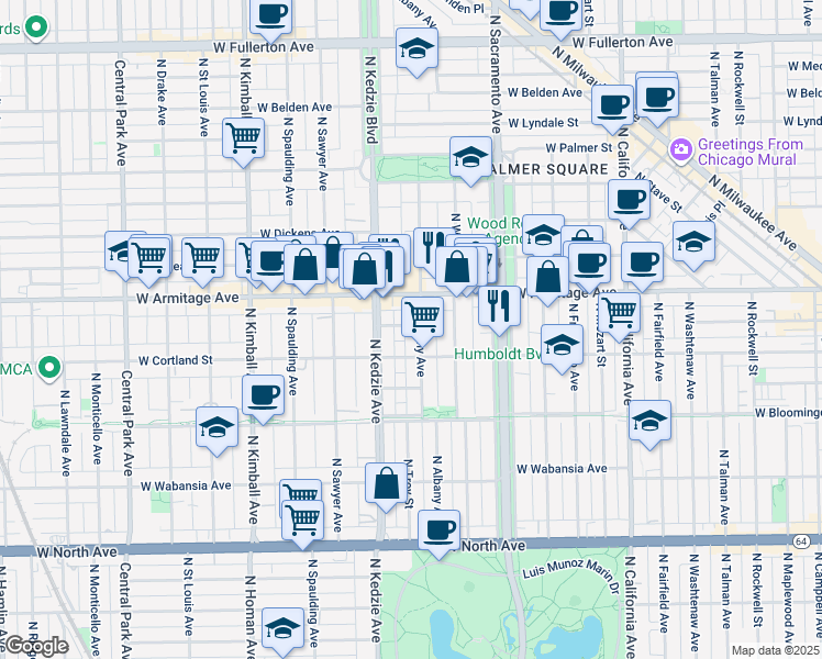 map of restaurants, bars, coffee shops, grocery stores, and more near 1911 North Albany Avenue in Chicago