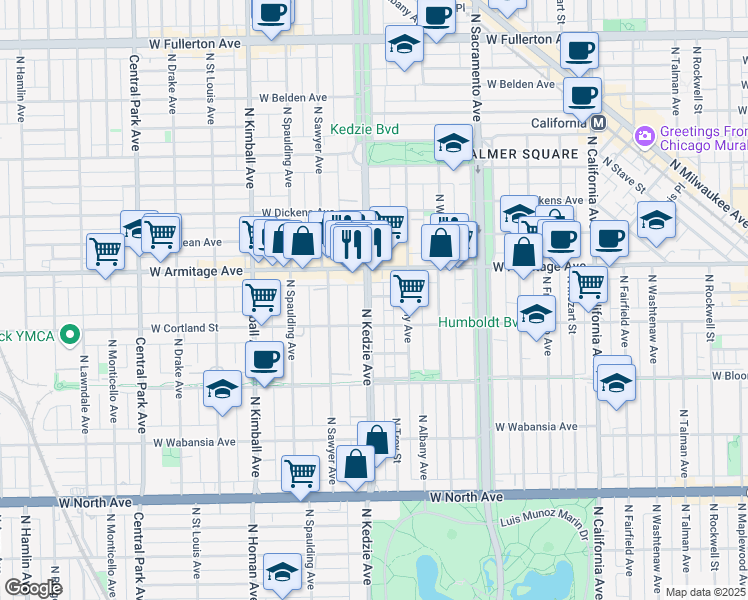 map of restaurants, bars, coffee shops, grocery stores, and more near 1911 North Kedzie Avenue in Chicago