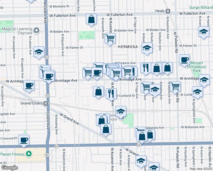 map of restaurants, bars, coffee shops, grocery stores, and more near 1922 North Kostner Avenue in Chicago