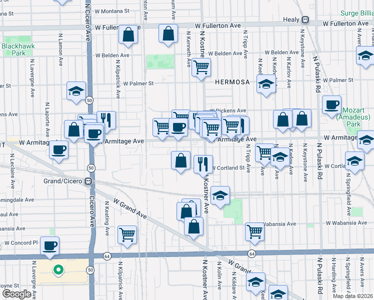 map of restaurants, bars, coffee shops, grocery stores, and more near 1924 North Kenneth Avenue in Chicago