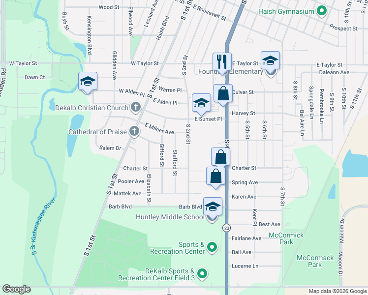 map of restaurants, bars, coffee shops, grocery stores, and more near 1106 South 4th Street in DeKalb