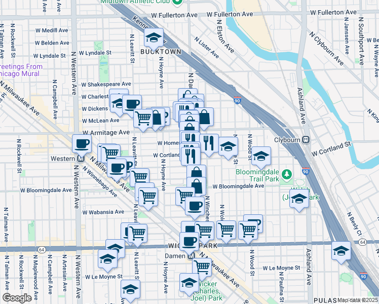 map of restaurants, bars, coffee shops, grocery stores, and more near 1914 North Damen Avenue in Chicago