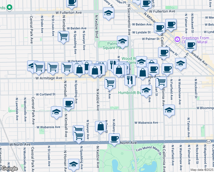 map of restaurants, bars, coffee shops, grocery stores, and more near 1911 North Albany Avenue in Chicago