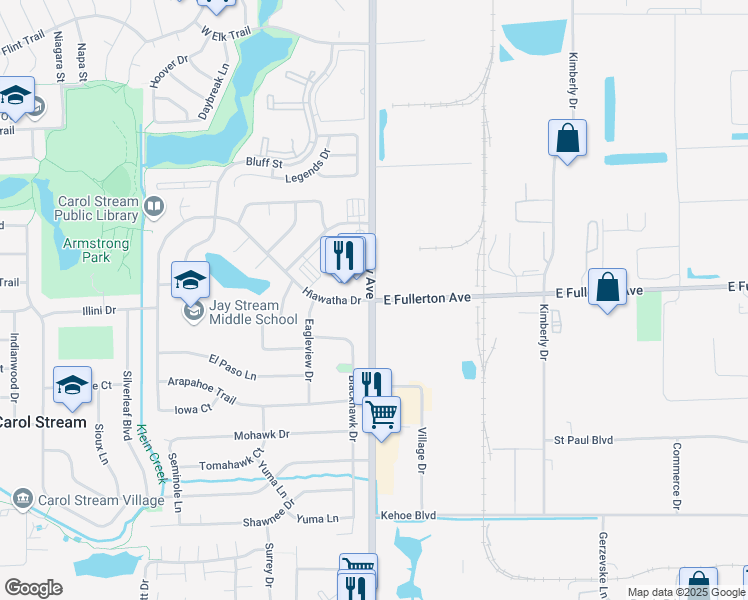 map of restaurants, bars, coffee shops, grocery stores, and more near N Gary Ave & E Fullerton Ave in Carol Stream